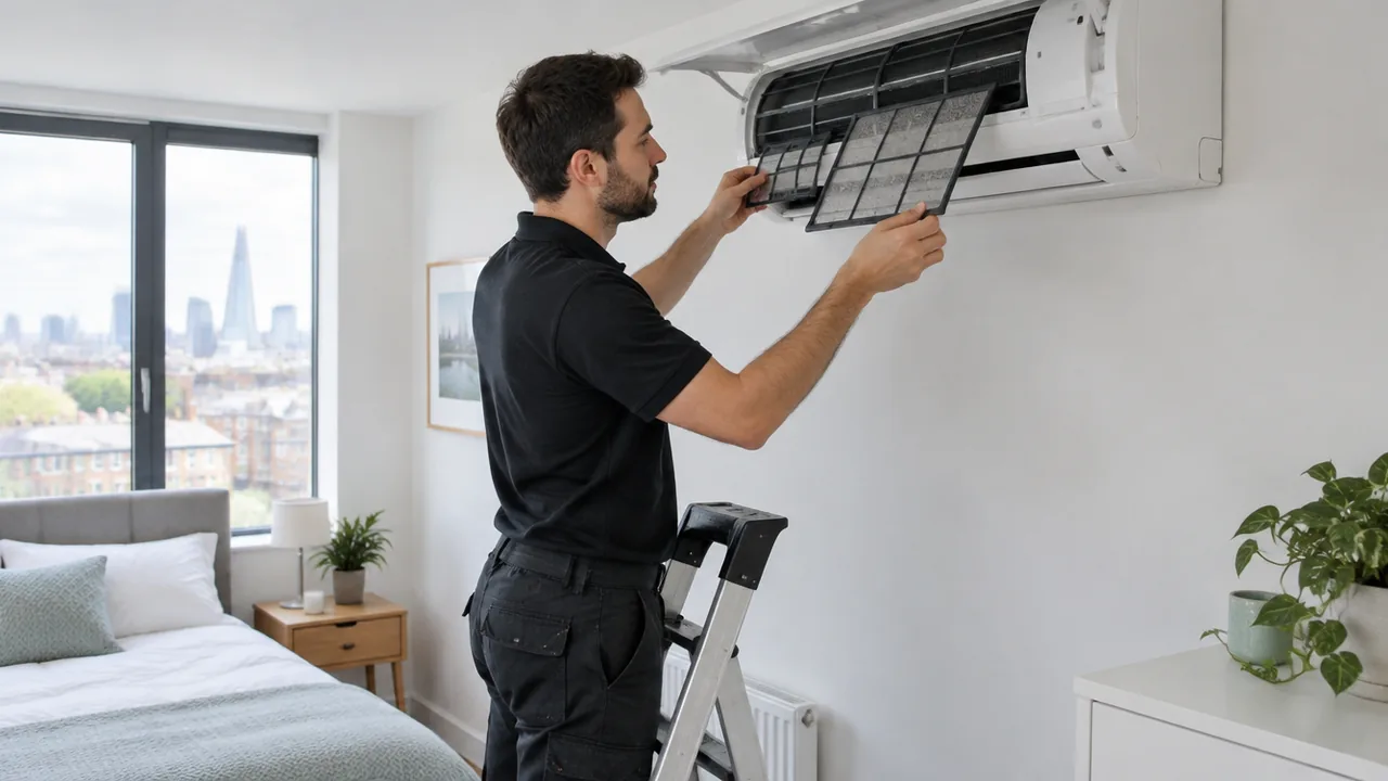 Air conditioning engineer cleaning the filters of a wall-mounted split unit in a London flat