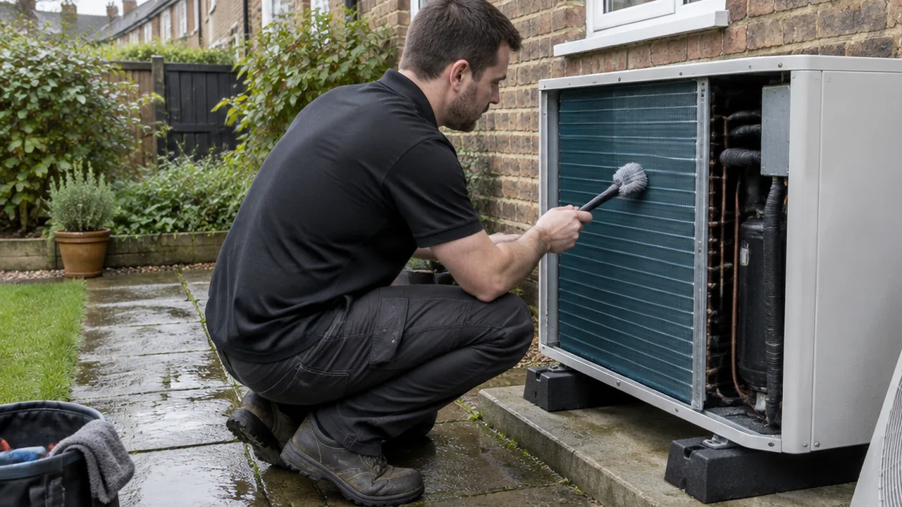Heating engineer servicing an air source heat pump behind a London terraced house