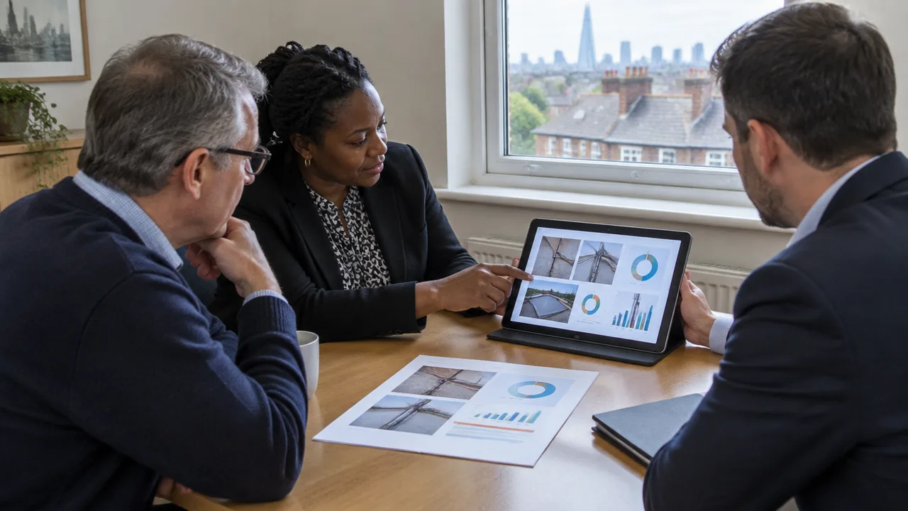 Directors and a managing agent reviewing a Mainteniq London block maintenance report on a tablet