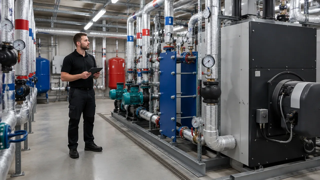 Maintenance engineer with a tablet inspecting the communal heating plant room of a London residential block