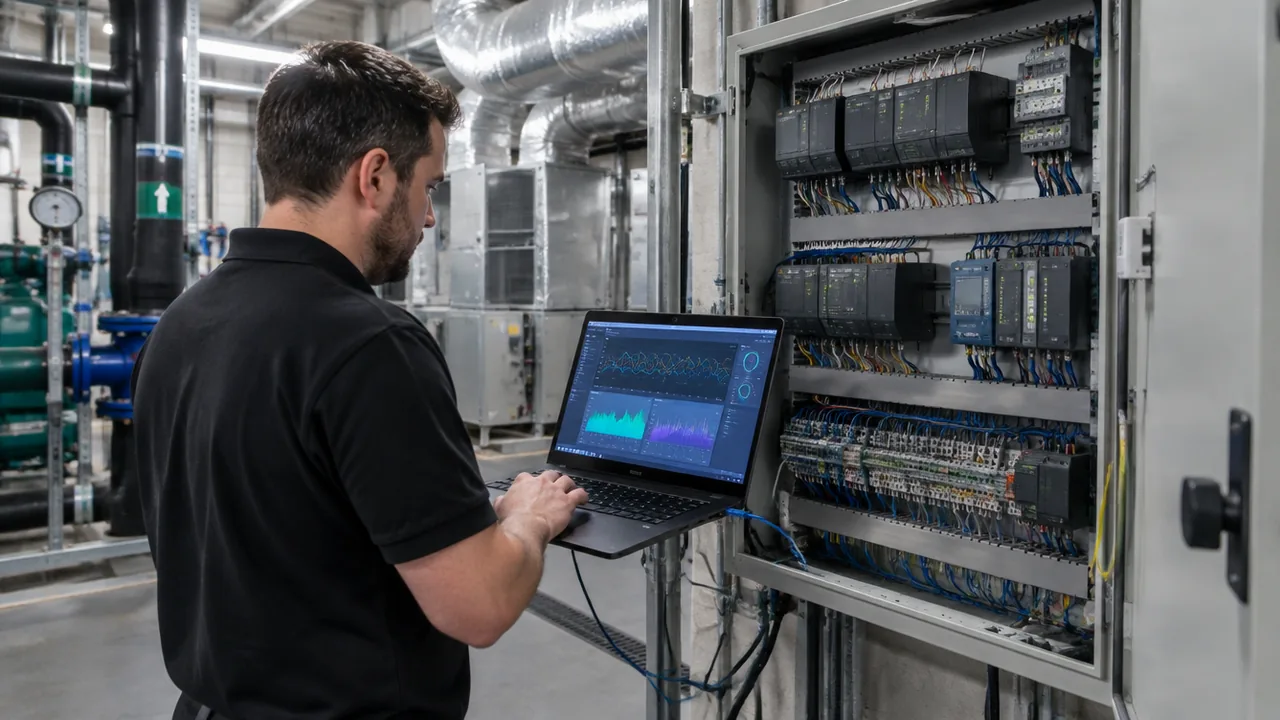 Controls engineer with a laptop connected to a building management system panel in a London plant room