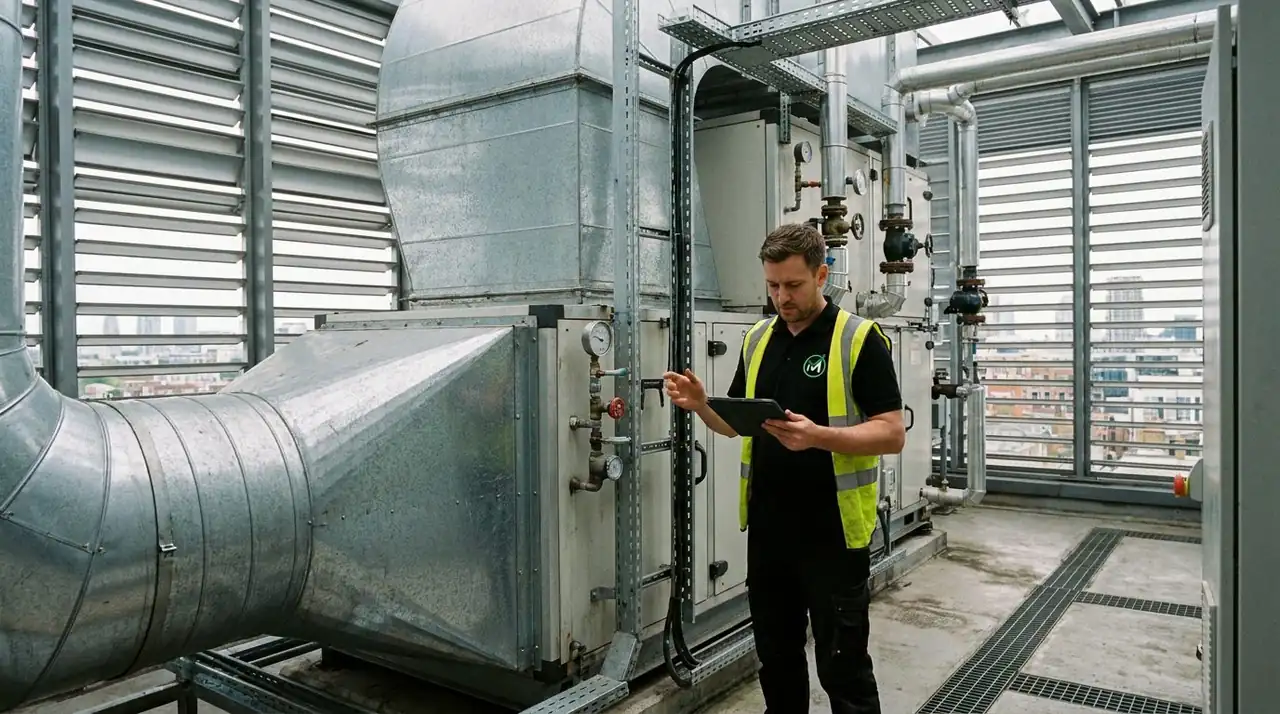 Mainteniq engineer servicing a Cooling Interface Unit in a London BTR residential block