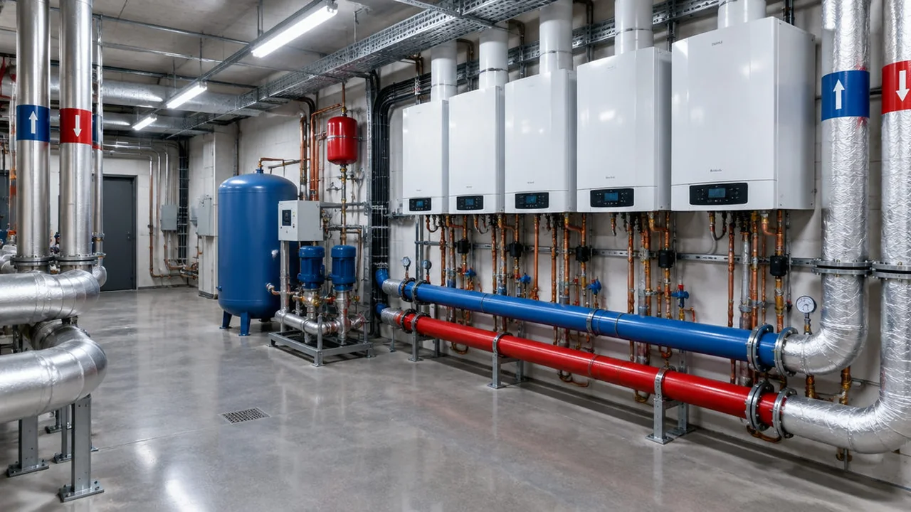 Communal heating plant room in a London residential block with pumps, plate heat exchanger and insulated pipework