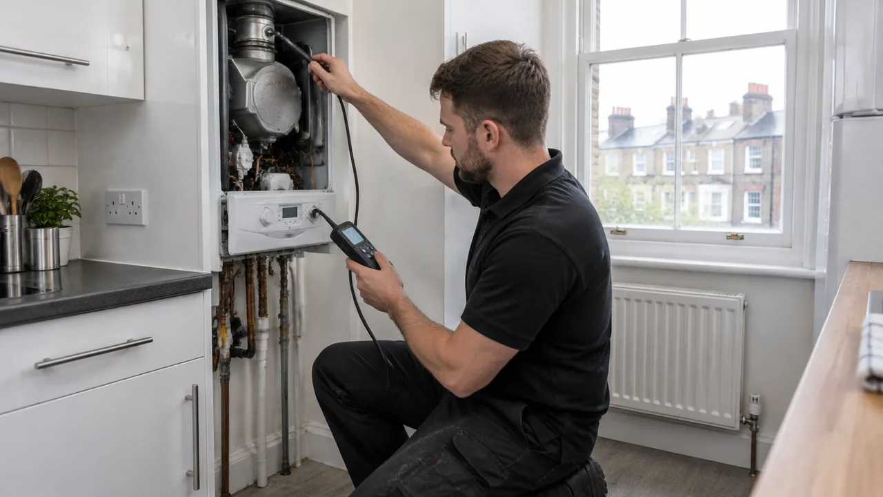Gas Safe engineer carrying out a flue gas analysis on a combi boiler in a London rental flat