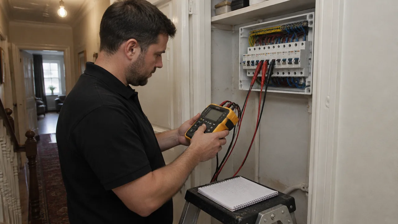 Electrician testing a consumer unit during an EICR in a London Victorian flat
