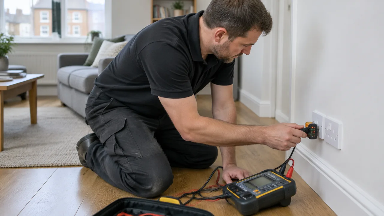 Electrician testing a socket during an EICR in a London rental flat