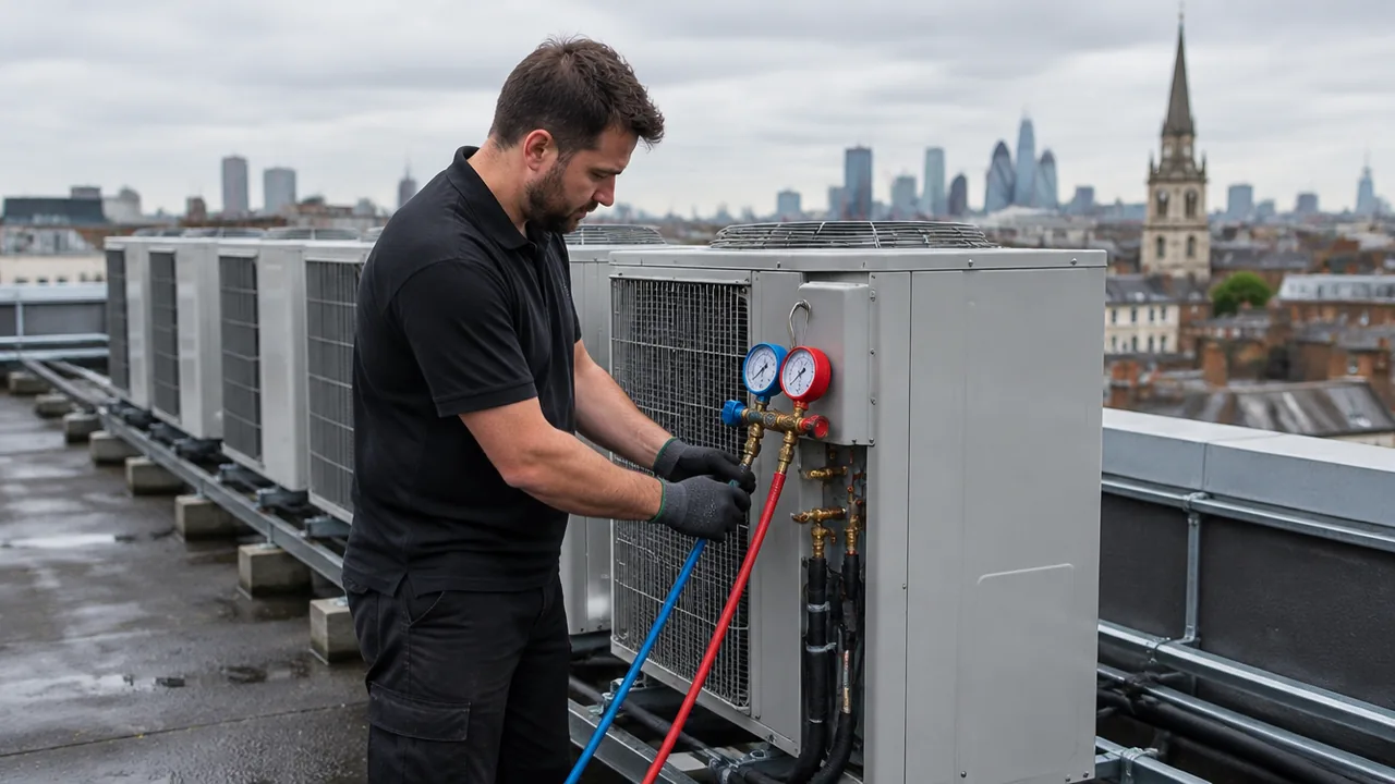 F-Gas engineer carrying out a leak check on rooftop air conditioning condensers in London