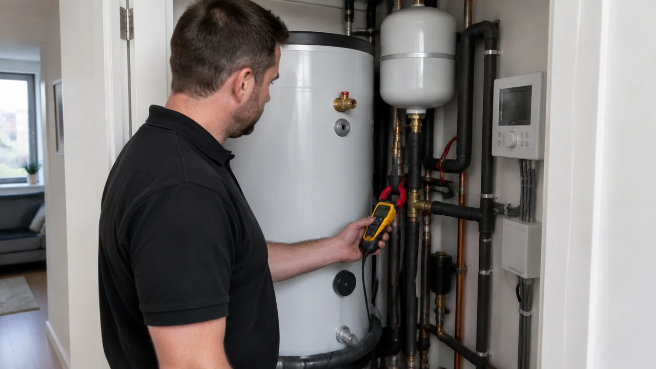Heating engineer checking the hot water cylinder and controls of a heat pump system in a London flat