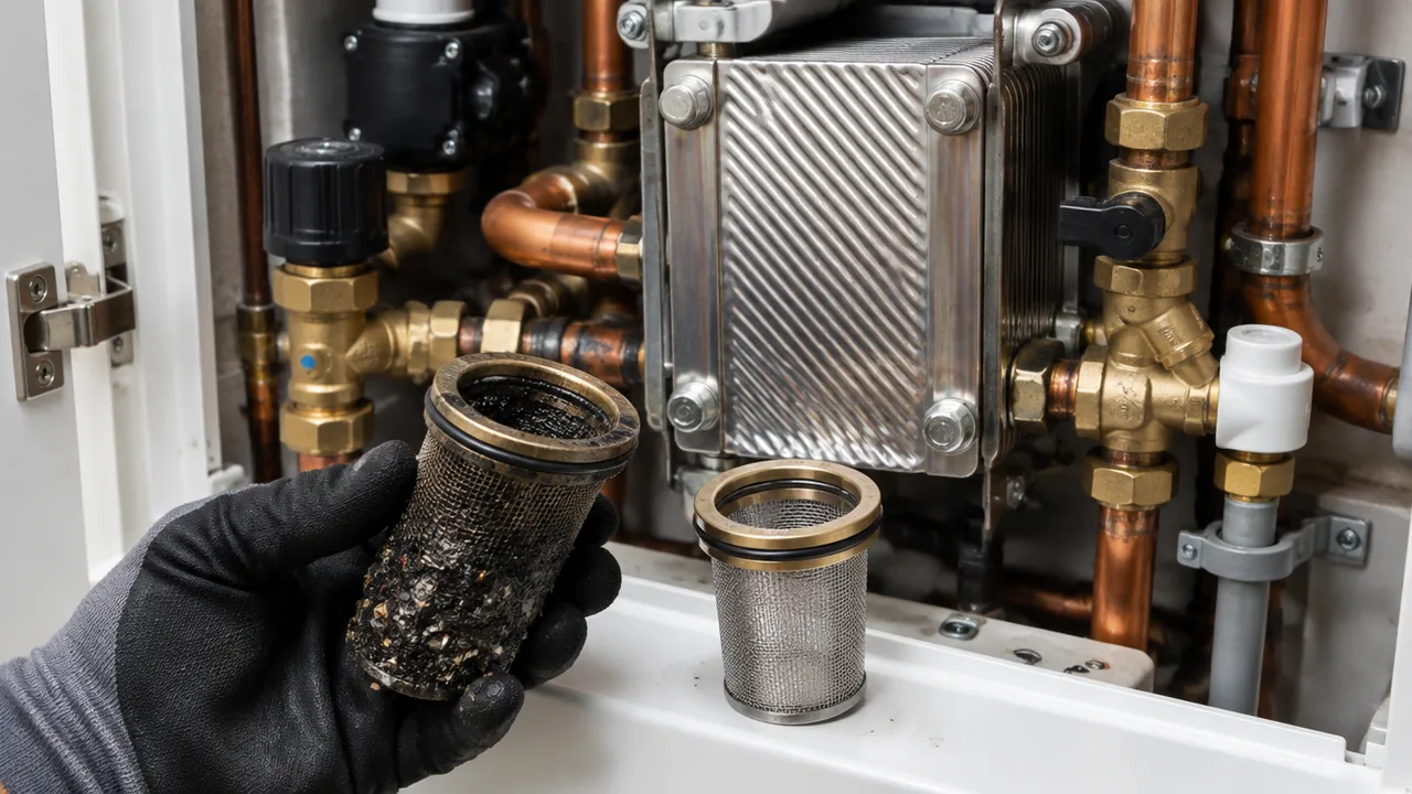 A clogged heat interface unit strainer held next to a clean replacement in a London flat