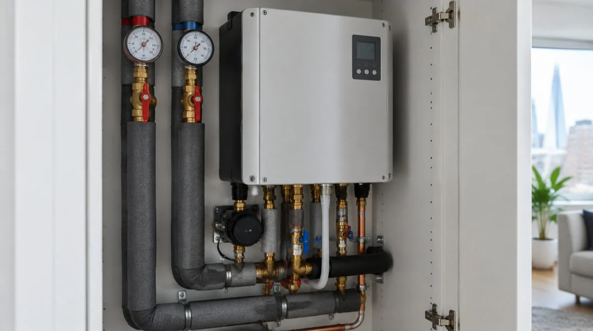 Heat interface unit with valves and insulated pipework in the utility cupboard of a London flat on communal heating