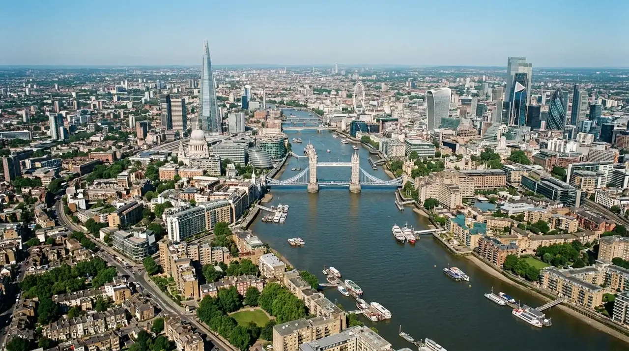 Aerial view of residential blocks along the River Thames in London