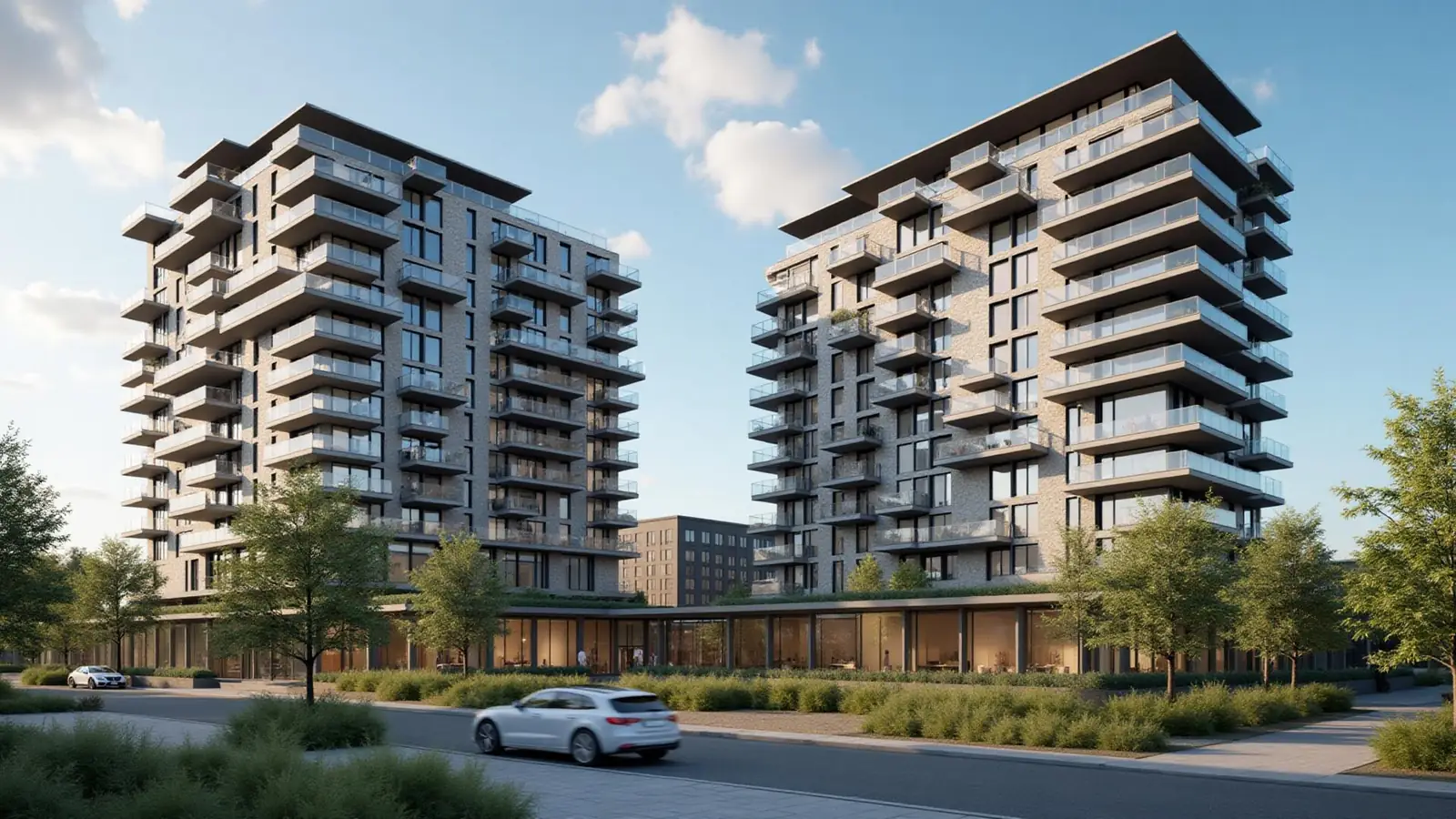 Modern London residential blocks on a communal heat network, where Mainteniq services the heat interface units