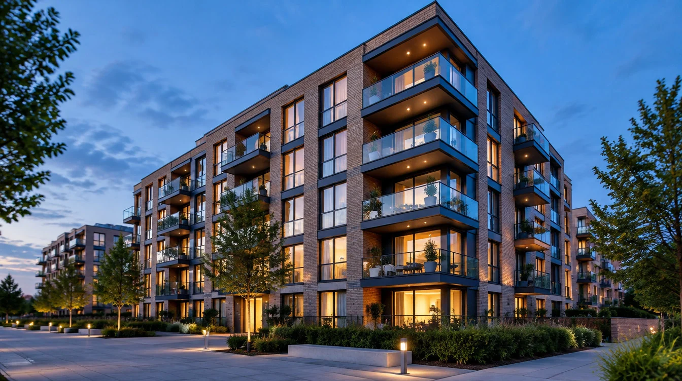 Modern London residential apartment block at dusk, the kind of building Mainteniq maintains