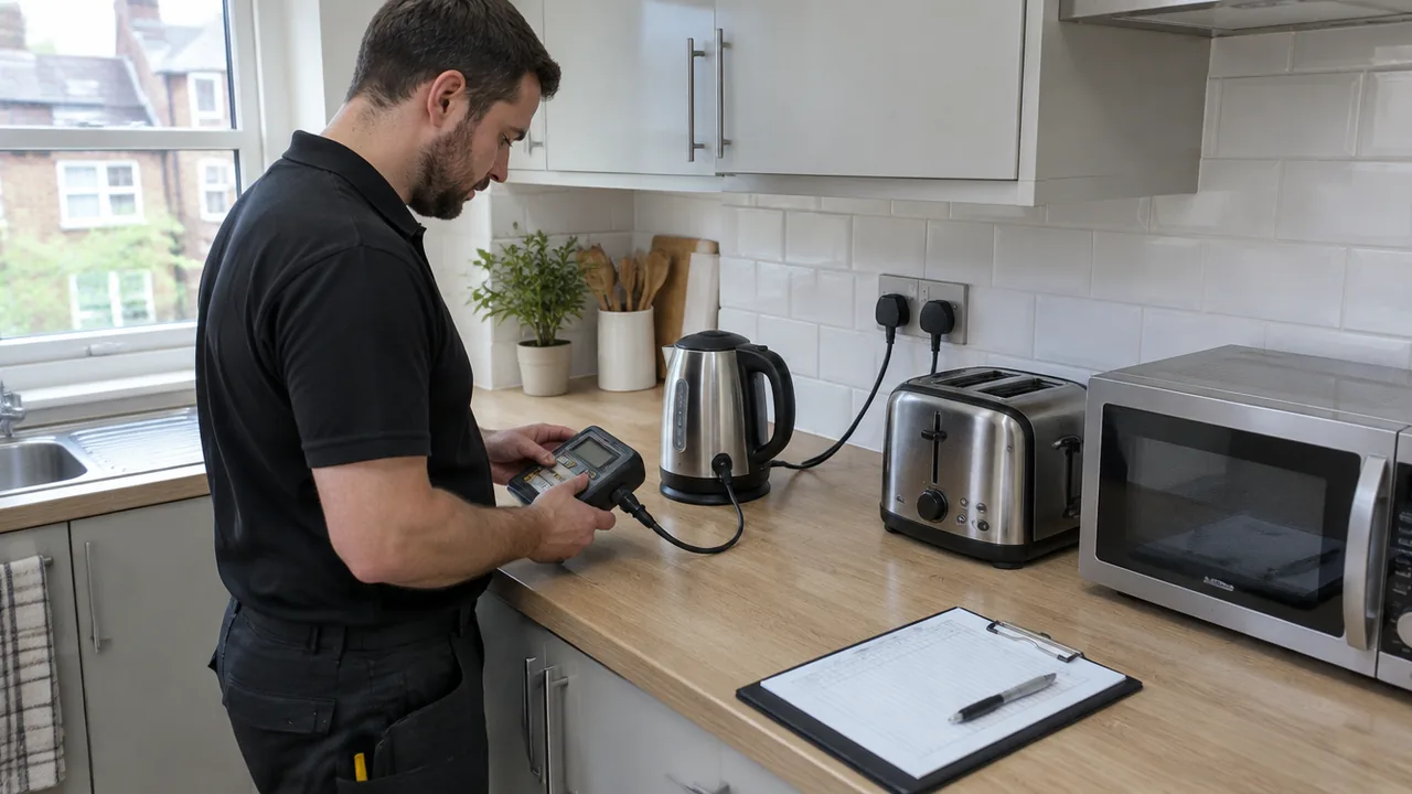 Electrician PAT testing a kettle, toaster and microwave in a furnished London rental flat