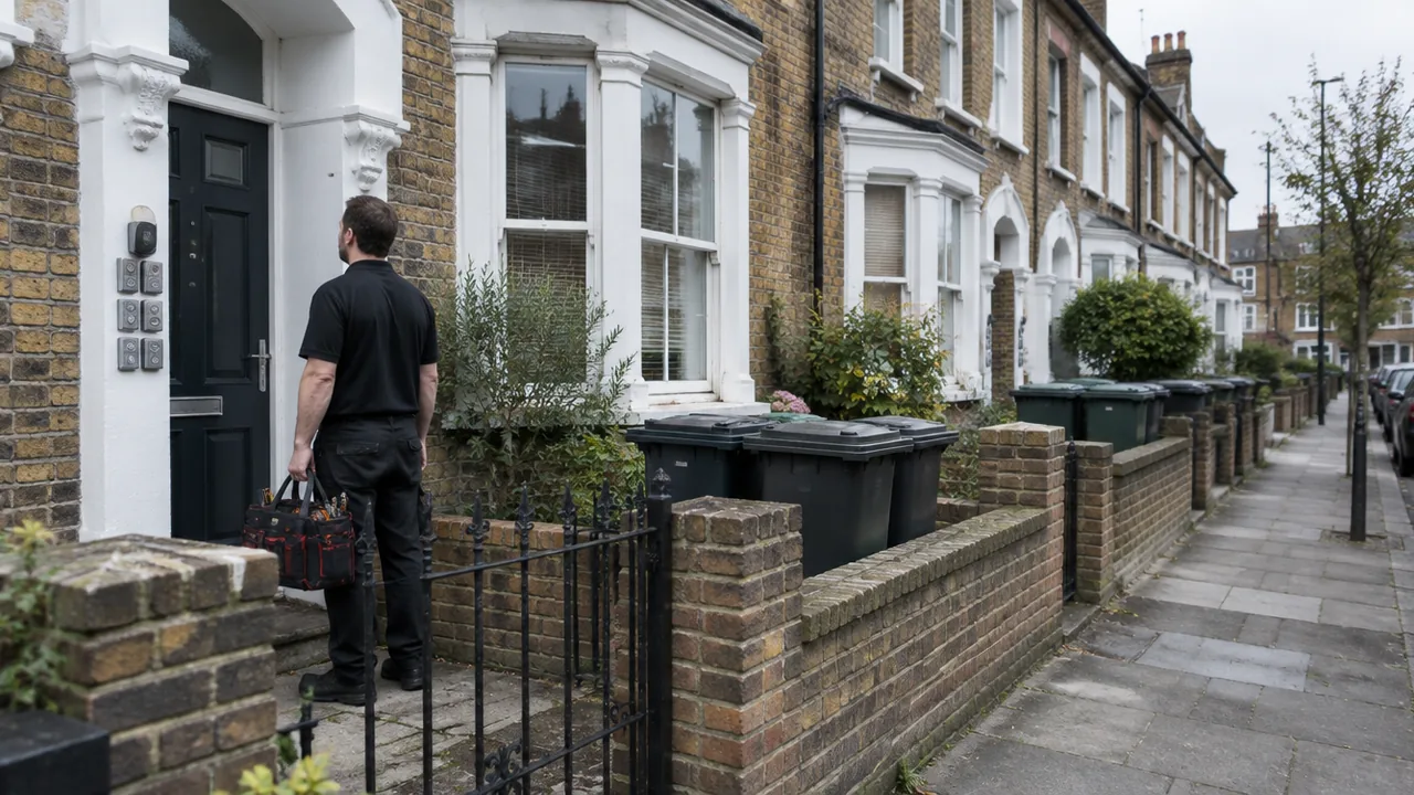 Maintenance engineer at a converted Victorian terrace with multiple flat doorbells in Kentish Town, Camden