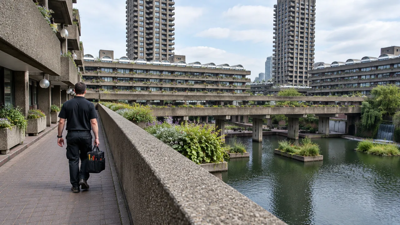 Maintenance engineer walking the raised walkway of a City of London estate beside the lake