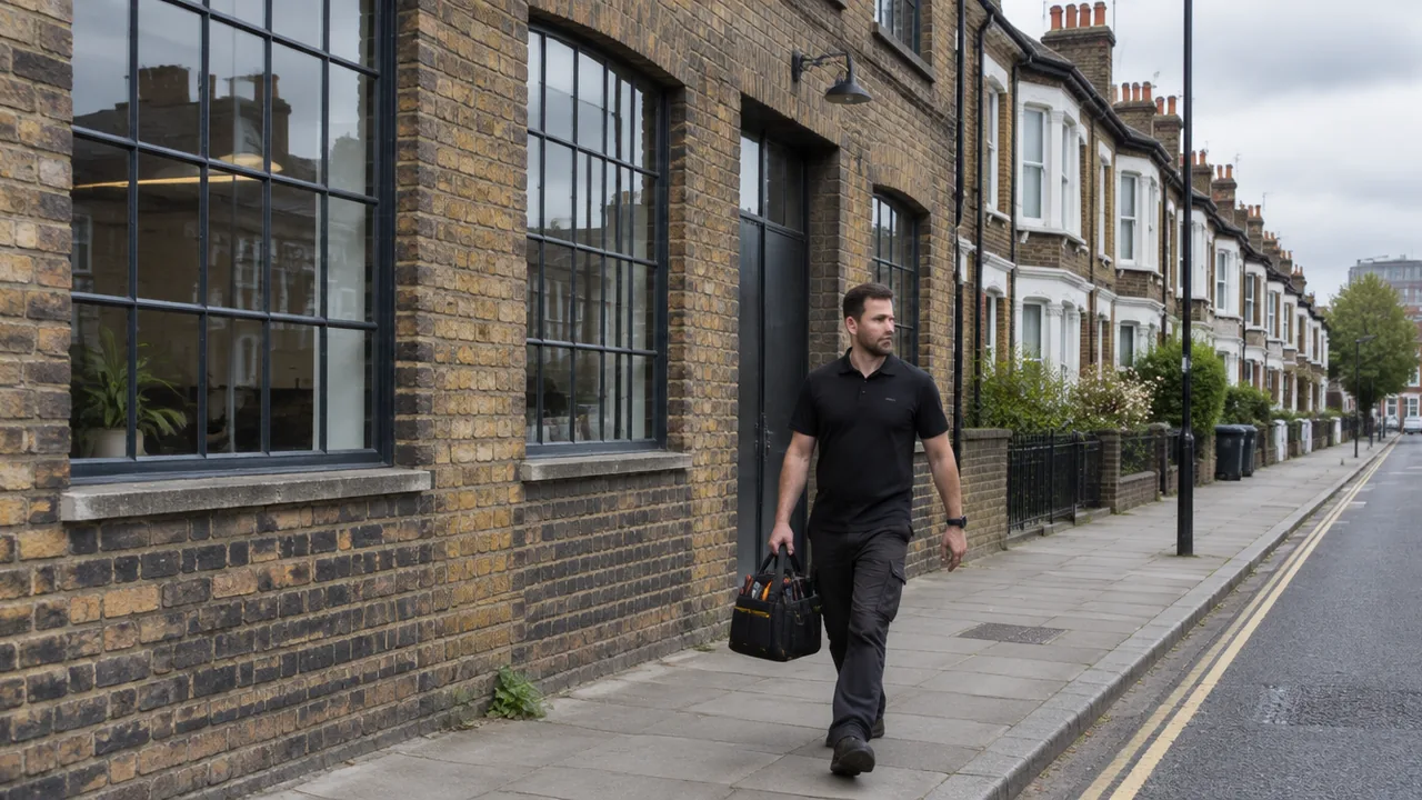 Maintenance engineer walking past a converted warehouse and Victorian terraces in Hackney