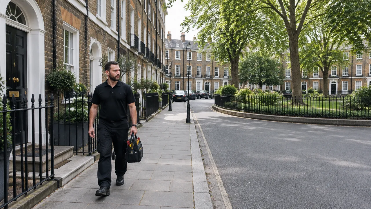 Maintenance engineer walking along a Georgian terrace beside a garden square in Islington