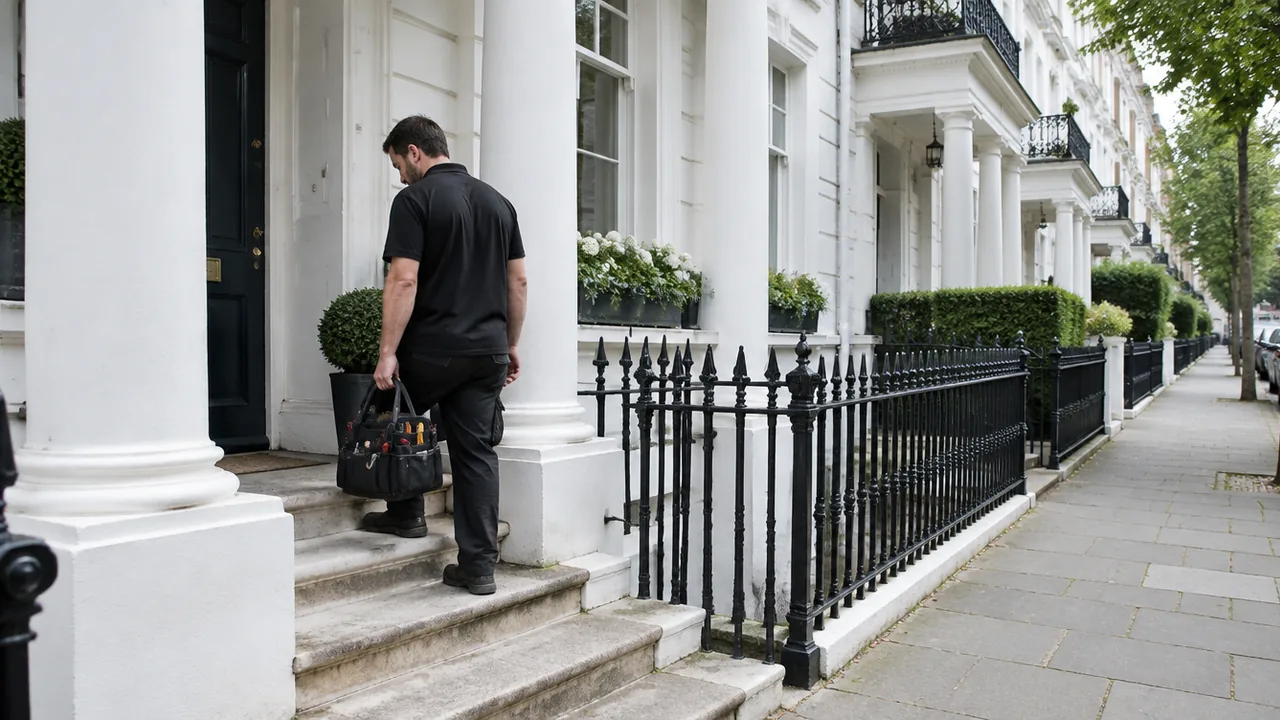 Maintenance engineer climbing the porch steps of a white stucco period conversion in Kensington