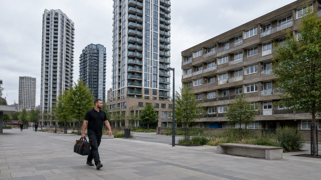 Maintenance engineer crossing a square between new towers and a 1960s council block at Elephant and Castle