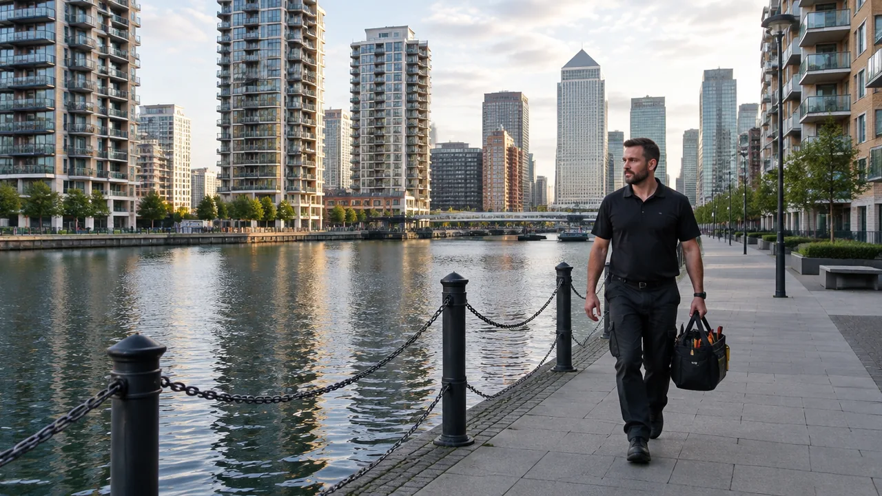 Maintenance engineer walking along the dockside with Canary Wharf residential towers behind