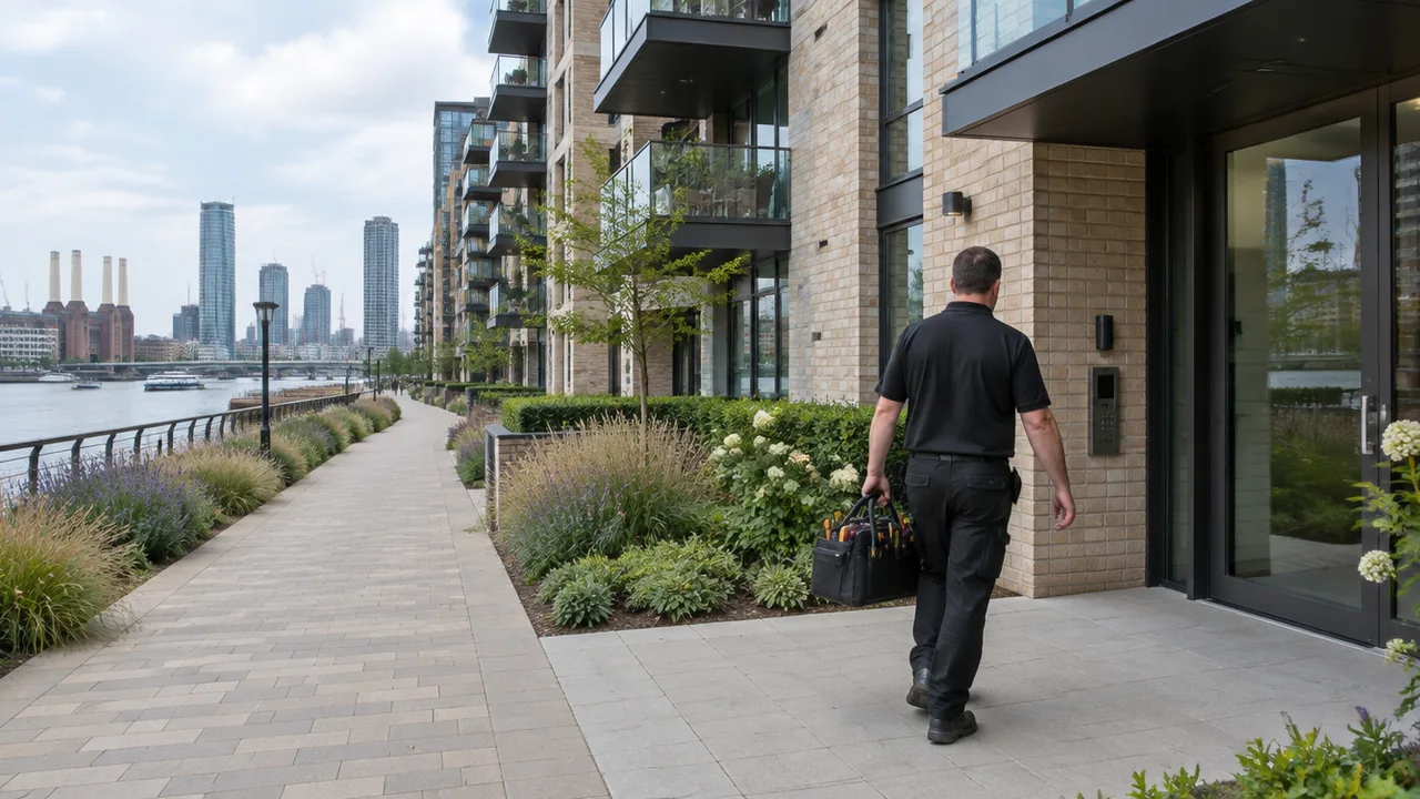 Maintenance engineer walking toward a new-build riverside block at Nine Elms, Battersea Power Station behind