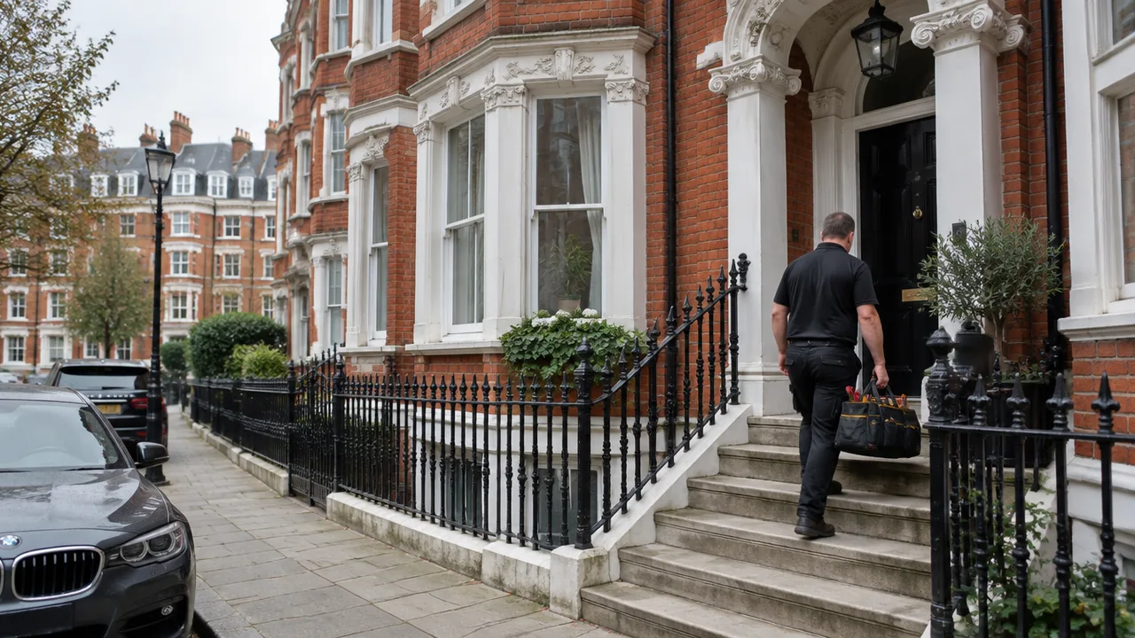 Mainteniq engineer arriving at a red-brick Victorian mansion block in Pimlico, Westminster