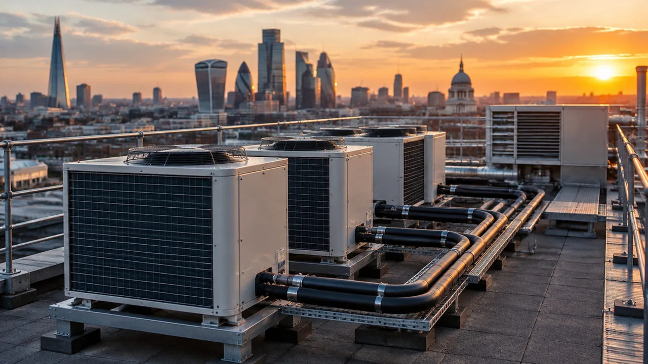 Rooftop air conditioning condensers on a London commercial building at sunset with the City skyline behind