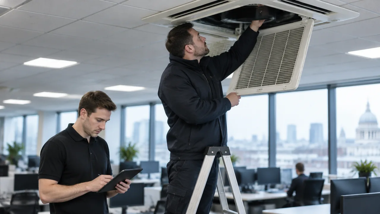 Assessor inspecting a ceiling cassette air conditioning unit in a London office